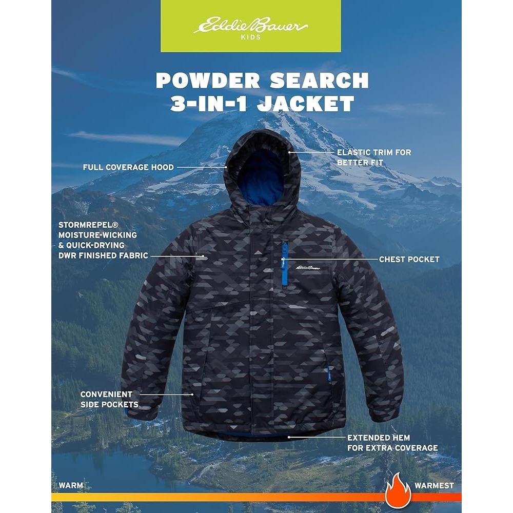 NEW! EDDIE BAUER BOYS POWDER SEARCH 3-IN-1 JACKET BLACK GALAXY LARGE L (14)